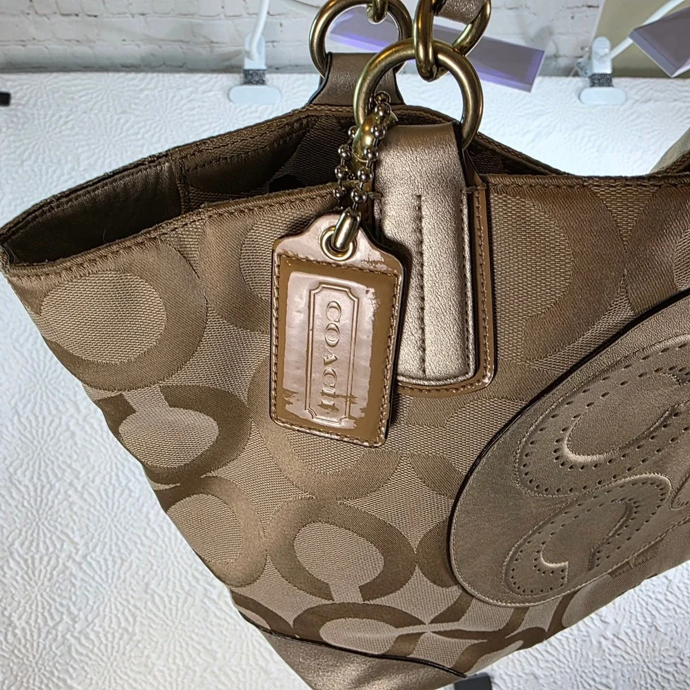 Coach Colette Large Signature Tote Champagne Gold Metallic Leather Bag 16491 - Picture 11 of 12